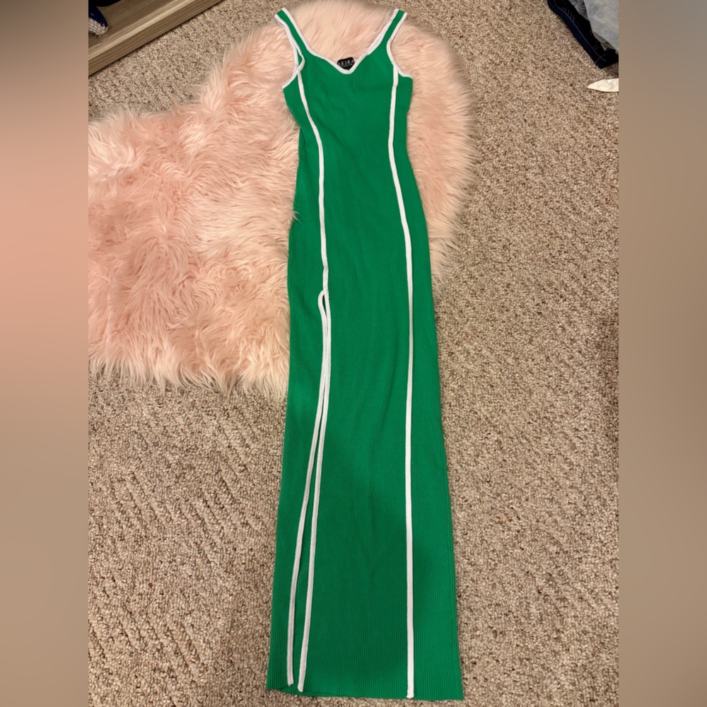 AKIRA Green and White Maxi Dress With High Thigh Slit